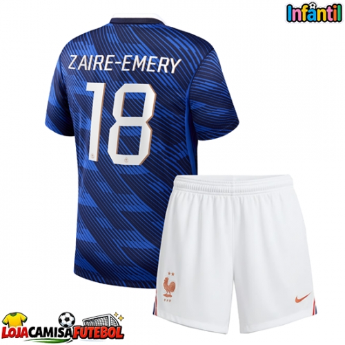 Camisa de Futebol França Warren Zaire-Emery #18 Equipamento Principal Infantil Mundo 2026 Manga Curta (+ Calças curtas)